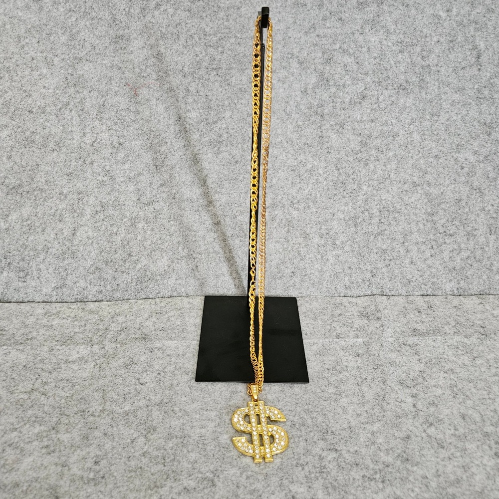 Gold Tone Rhinestone Dollar Sign Costume Pendant Curb Chain Necklace Bling